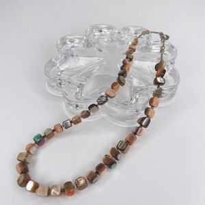 Coral Orange, Brown & Tan Shell Beaded Necklace w/ Barrel Clasp